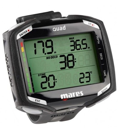 Pack comprenant un ordinateur de poignet Mares Quad pour la plongée, une interface usb Dive Link et une sacoche Cruise Driver