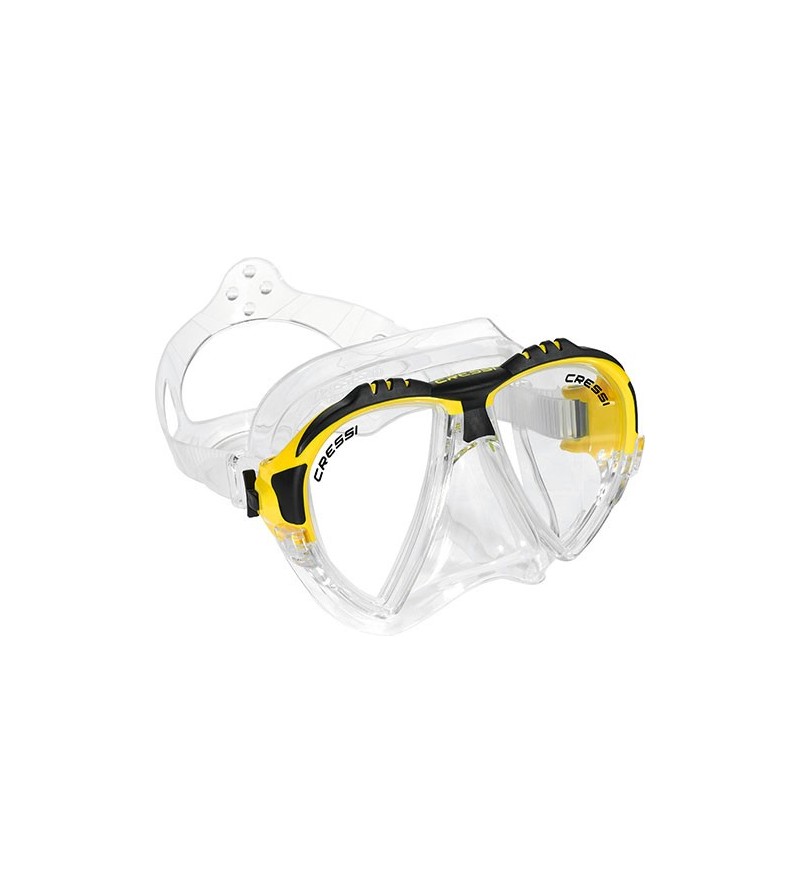 Masque Cressi Matrix en silicone transparent pour la plongée, l'apnée & le snorkeling. En bleu, jaune, noir & aigue-marine