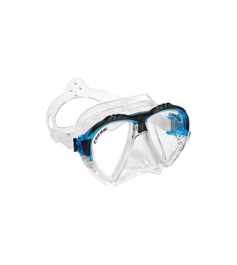 Masque Cressi Matrix en silicone transparent pour la plongée, l'apnée & le snorkeling. En bleu, jaune, noir & aigue-marine